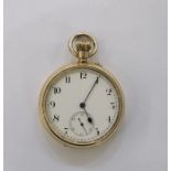 Gent's gold-plated open-faced pocket watch with Arabic numerals, subsidiary seconds dial, button