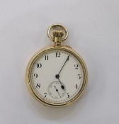 Gent's gold-plated open-faced pocket watch with Arabic numerals, subsidiary seconds dial, button