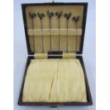 Set of six silver cocktail sticks, the finials enamelled cockerels, boxedCondition Reportplease