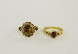 9ct gold and tigers eye cabochon set ring, 3.5g approx. and a 14K gold ruby cluster set ring, 2.5g