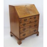 20th century burr walnut mahogany cross-banded and feather strung bureau, the interior with fitted