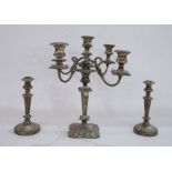 Silver-plated candelabrum of four arms and central holder and a matching pair of candlesticks (all