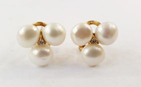 Pair 18K gold, cultured pearl and tiny diamond earrings, each set trio of pearls surrounding tiny