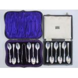 Set of six silver teaspoons, Sheffield 1947, cased and another set of six silver teaspoons and