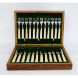Silver-plated bone-handled canteen of fish knives and forks