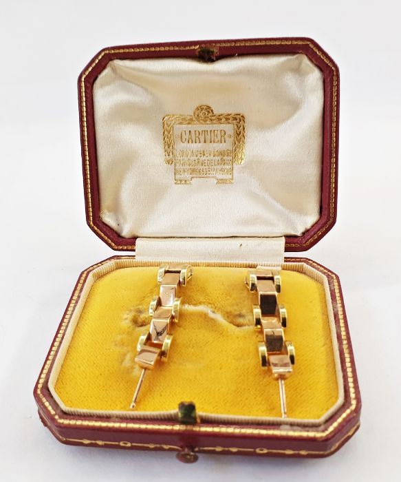 Pair of bi-colour 18ct gold Cartier earrings, rose and yellow gold hinged angular rectangular - Image 2 of 2