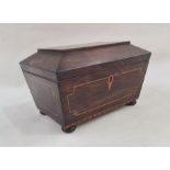19th century inlaid sarcophagus-shaped caddy/workbox, the panelled top with line inlay, the body
