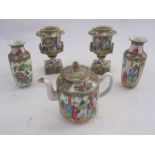 Chinese canton porcelain small teapot decorated in famille rose colours, 13cm high, a pair of vases,