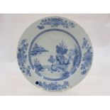 Chinese porcelain plaque, underglaze blue lakeside landscape painted decoration, 36cm diameter (