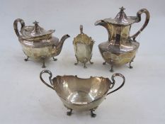 Mid 20th century four piece silver tea service, comprising teapot, hot water pot, sugar bowl and