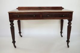 William IV mahogany side table with ledge back, pair short drawers to the frieze with turned handles