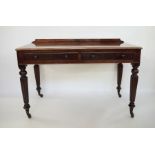 William IV mahogany side table with ledge back, pair short drawers to the frieze with turned handles