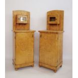 Pair of bird's eye maple early 20th century Art Deco-style bedside cabinets, the arched back with