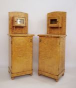 Pair of bird's eye maple early 20th century Art Deco-style bedside cabinets, the arched back with