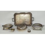 Large silver-plated tray of rectangular form with handles, two glass lined EPNS tureens, a lidded