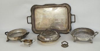Large silver-plated tray of rectangular form with handles, two glass lined EPNS tureens, a lidded