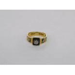 Early Victorian gold, diamond and black enamel memorial ring with inscription (worn to reverse), set