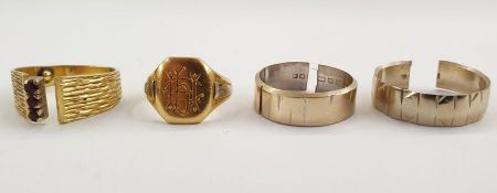 Two 9ct gold wedding rings (both cut), approx. total weight 9g, a gold signet ring (unmarked),