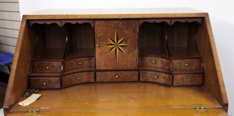20th century burr walnut mahogany cross-banded and feather strung bureau, the interior with fitted - Image 2 of 2