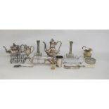 Quantity of silver-plated items to include a coffee/chocolate pot with engraved decoration, a teapot