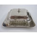 George V silver butter dish of square form and having glass bowl, Sheffield, John Round and Son ltd,
