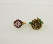 10K gold garnet cluster ring, 3g approx. and a 9ct gold flower ring, 5g approx. (2)