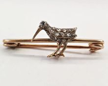 Victorian gold, diamond and sapphire bird bar brooch, the bird with sapphire eyes and long beak, all