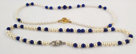 Two cultured pearl and lapis lazuli bead necklaces, variously with silver and silver-gilt clasps