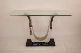 Modern hall table, the rectangular glass top on chrome-effect Art Deco-style base, on rectangular