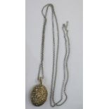 Silver gilt-coloured metal locket on long silver-coloured metal chain