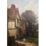 Unattributed Oil on canvas Black and white cottage with small girl in Edwardian clothes sitting on