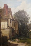 Unattributed Oil on canvas Black and white cottage with small girl in Edwardian clothes sitting on