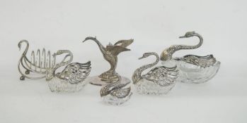 Set of four silver and cut glass swan bowls, each with cut glass base, silver swan neck and