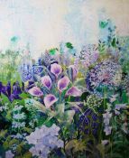 Susan Birth Mixed media (acrylic, ink and collage on gesso board) "I See Purple", delphinium,