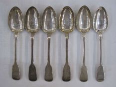 Six 19th century various patterned silver tablespoons, initialled, varying dates, 14oz
