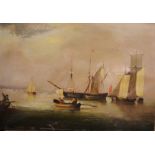 Unattributed Oil on canvas Harbour scene with sailing boats, a row boat in the foreground, the