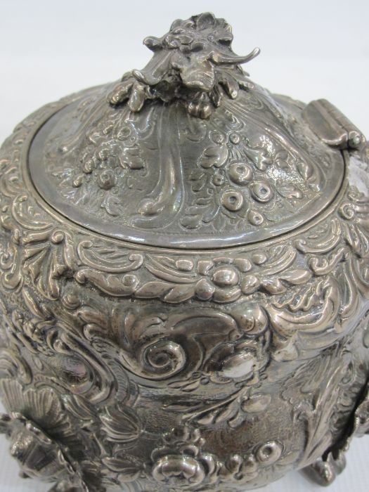 Georgian silver teaset, milk jug and sugar bowl with embossed floral decoration, the C-scroll - Image 3 of 4