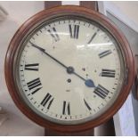 Mahogany wall clock, circular with enamelled dial, fusee movement, 38cm diameter