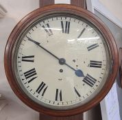 Mahogany wall clock, circular with enamelled dial, fusee movement, 38cm diameter