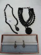 Jet oval chain necklace with cameo-style head pendant, a black jet and bead collarette necklace with