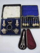 Silver condiments set, Sheffield 1928, comprising a pair of pepperettes, a pair of mustards and a