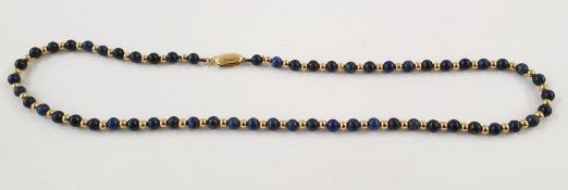 14K gold and lapis lazuli bead necklace, alternating, 40cm long