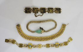 Gold-plated, turquoise and ruby set serpent bracelet, two foreign gilt metal bracelets and gold-