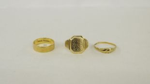 9ct gold signet ring, engraved, an 18ct gold wedding band and a 9ct gold twist ring (3)  Condition