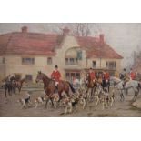 John Sanderson Wells (1872-1955) Pair oils on board Hunting scenes, Huntsmen and hounds on village