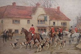 John Sanderson Wells (1872-1955) Pair oils on board Hunting scenes, Huntsmen and hounds on village