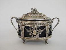 French late 19th century silver and blue glass sugar basket by Leon Lapar, oval, the lid with