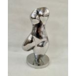 Contemporary freeform sculpture in silvered metal of a female torso