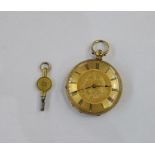 Lady's 18K gold open-faced fob watch, having engraved and engine-turned gold-coloured dial, Roman