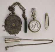 Victorian silver-plated mesh purse on chain, a silver cheroot case, a mother-of-pearl folding